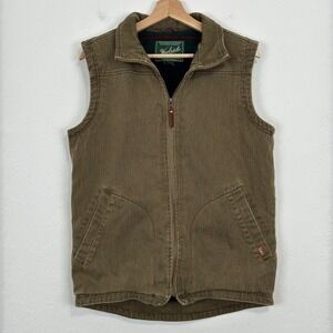 Woolrich Mens Denim Canvas Vest Size Small Green Fleece Lined Pockets Full Zip